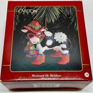 Vintage Christmas Ornament Carlton Cards Westward Ho Holiday Cow Red Hat + Boots